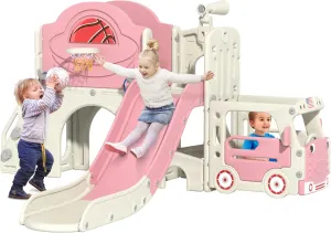 10 in 1 Toddler Slide, Bus-Themed Kids Slide and Climber Playset with Basketball Hoop, Ring-Toss, Car Playhouse, Telescope, Freestanding Indoor and Outdoor Playground for Baby Age 3 