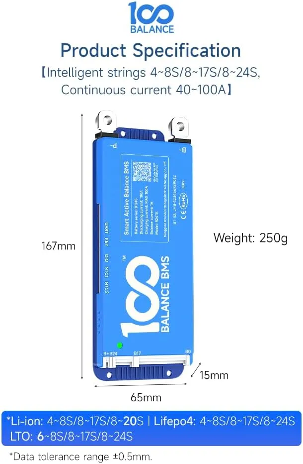 100BALANCE 100A 8-24S Standard Function Smart Active Balance BMS with WiFi Module Protection Board Build-in Bluetooth for Lithium Battery