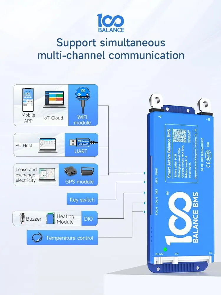 100BALANCE 100A 8-24S Standard Function Smart Active Balance BMS with WiFi Module Protection Board Build-in Bluetooth for Lithium Battery