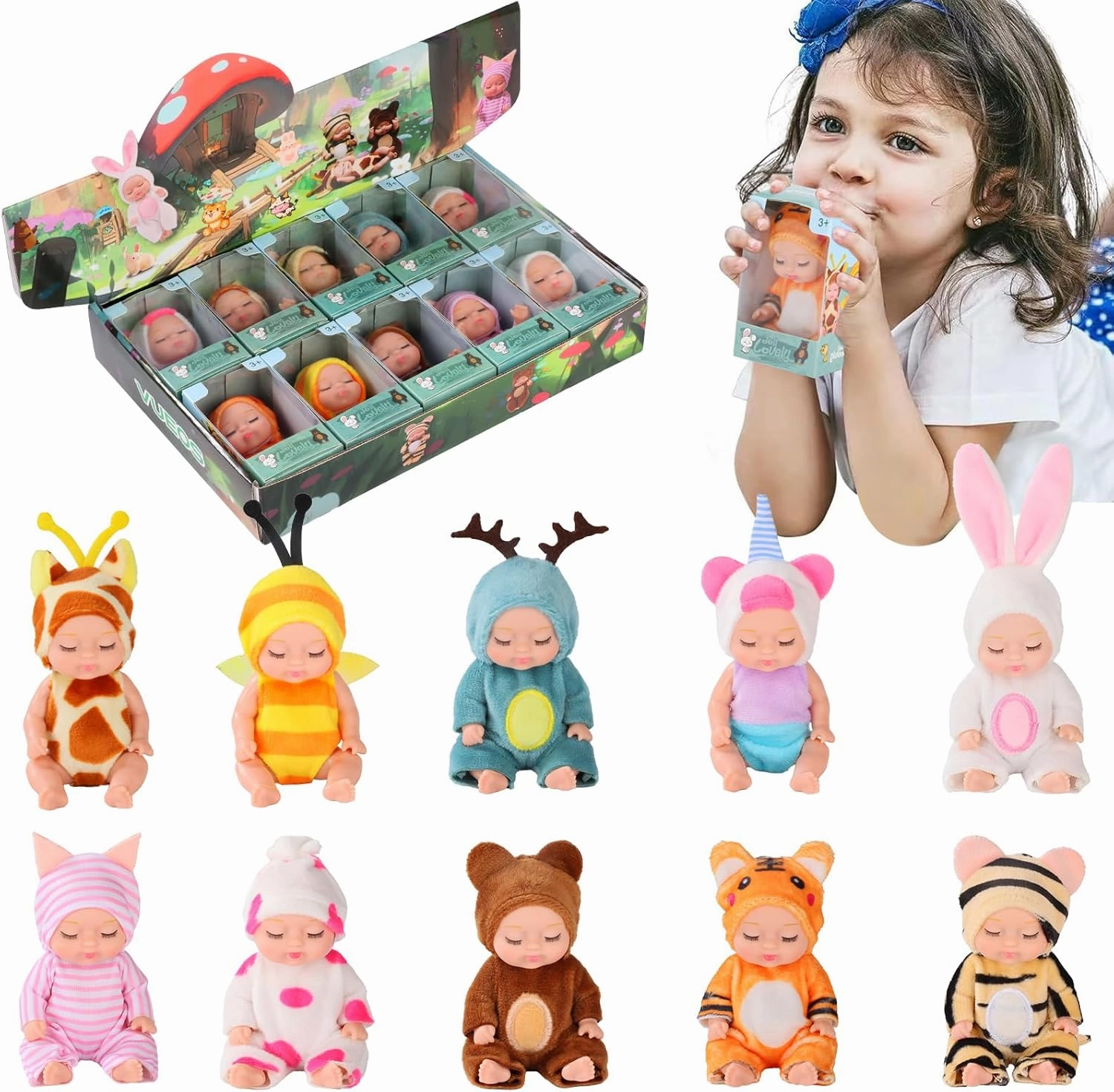 10 Pcs 4 Inch Mini Reborn Baby Dolls Set Cute Small Baby Doll with Handmade Animal Clothes - Baby Doll Giftbox Gifts for Girls Boys