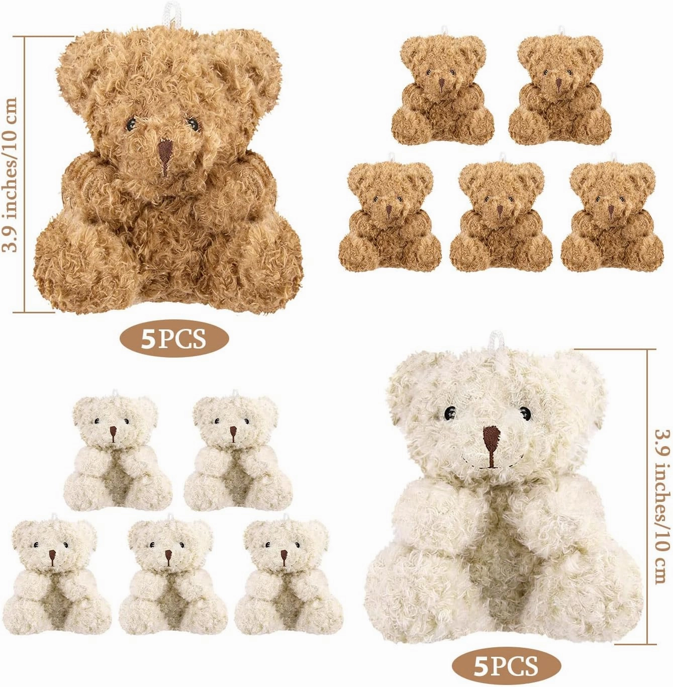 10 Pieces Plush Mini Teddy Bear 4 Inch Stuffed Animals Tiny Soft Bear Doll for Graduation Birthday Wedding Baby Shower Decorations Party Favors DIY Keychain Bag Decor(5Brown,5Apricot)