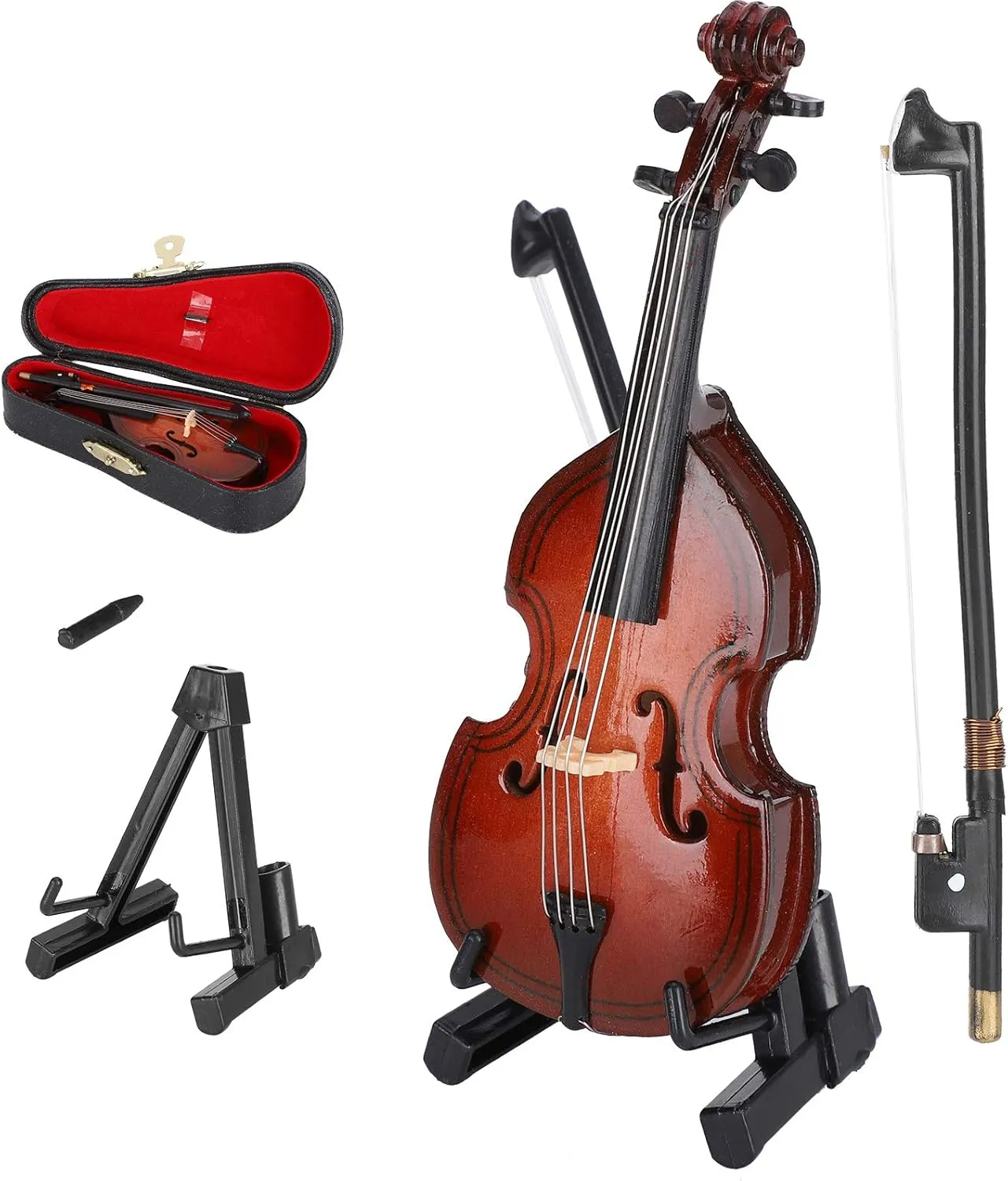 10cm Wooden Miniature Bass Ornament with Stand, Bow and Case, Mini Replica Musical Instrument Collectible Miniature Dollhouse Model
