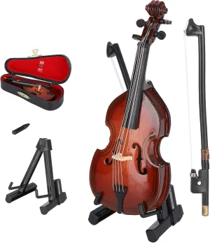 10cm Wooden Miniature Bass Ornament with Stand, Bow and Case, Mini Replica Musical Instrument Collectible Miniature Dollhouse Model