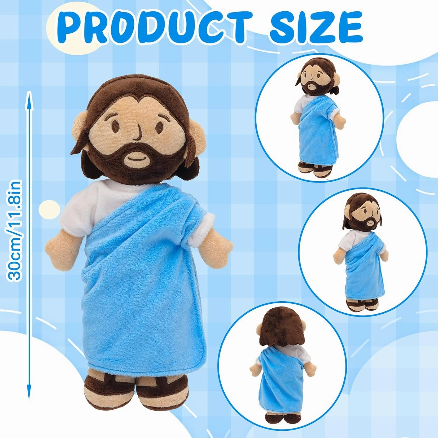 11.8inch Brown Jesus Plush Doll Guardian Stuffed Animal Baptism plushie Savior Toy Gifts for Church Sunday School Religious Easter Gift (Blue)
