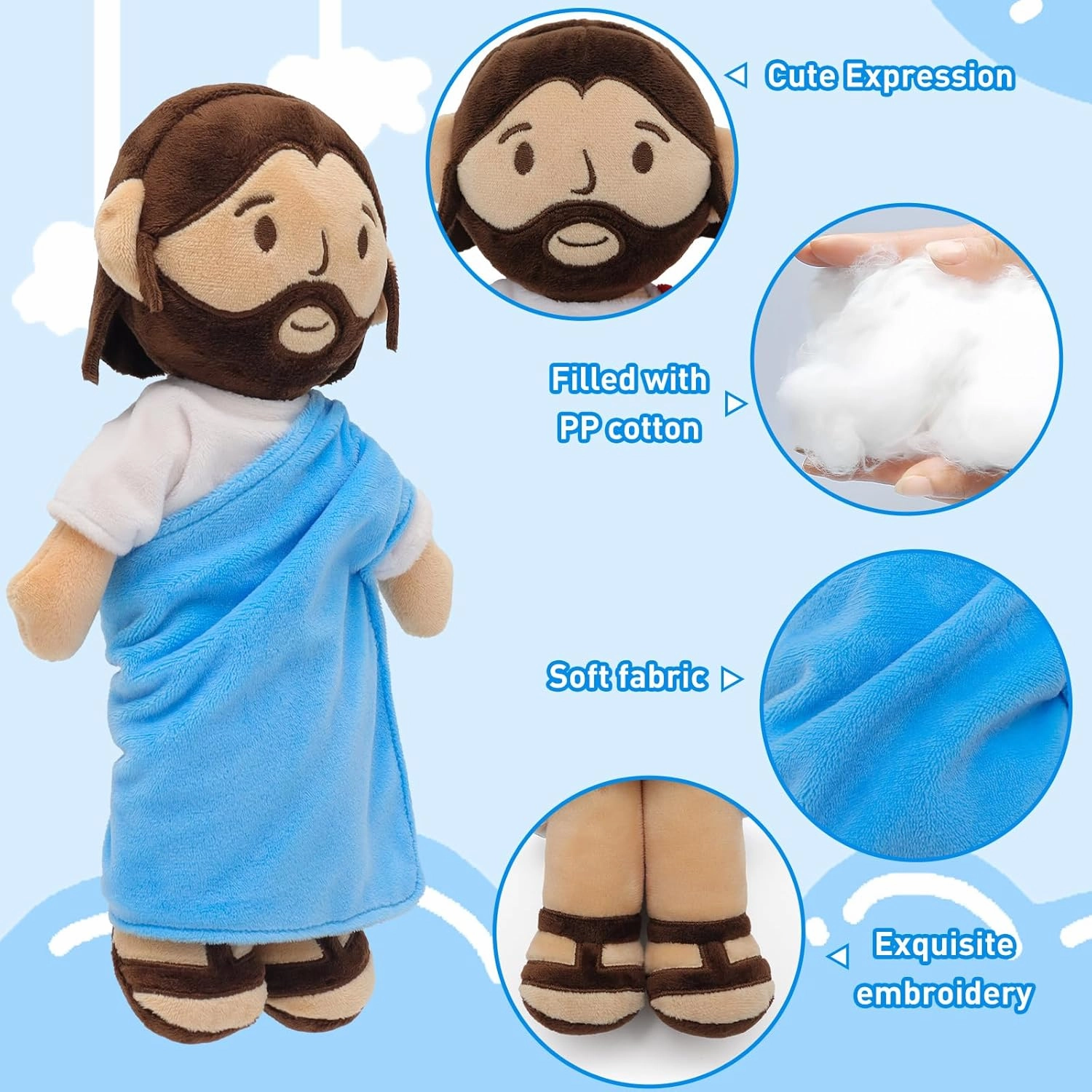 11.8inch Brown Jesus Plush Doll Guardian Stuffed Animal Baptism plushie Savior Toy Gifts for Church Sunday School Religious Easter Gift (Blue)