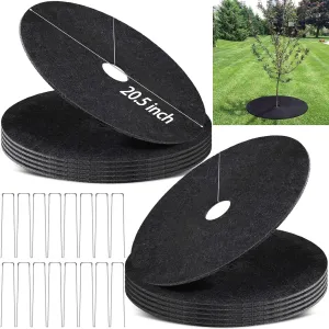 12-Pack Non-Woven Tree Mulch, 20.5 Inch Weed Control Mat with 16 Staples, Reusable Tree Protector for Grass and Pets