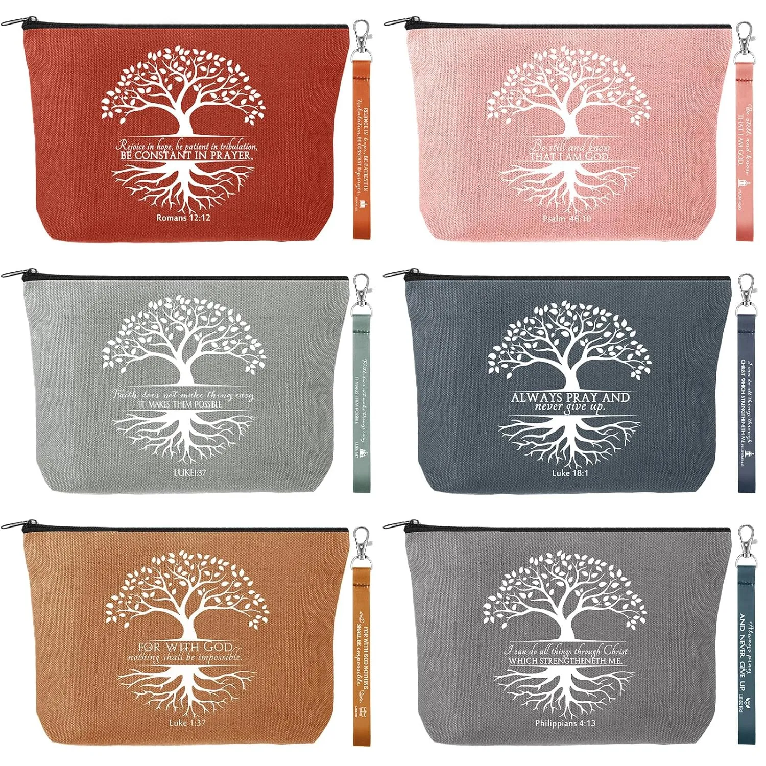 12 Pcs Cna Week Christian Gift Bulk Religious Makeup Bag Bible Verse Lanyard Keychain for Women Men Church Nurse(Bright Colors,Tree of Life)
