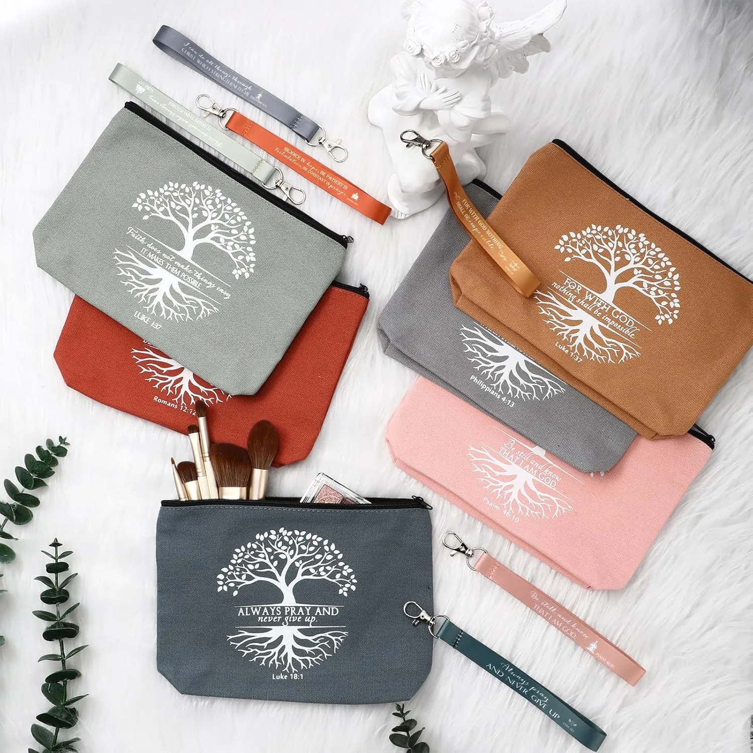 12 Pcs Cna Week Christian Gift Bulk Religious Makeup Bag Bible Verse Lanyard Keychain for Women Men Church Nurse(Bright Colors,Tree of Life)