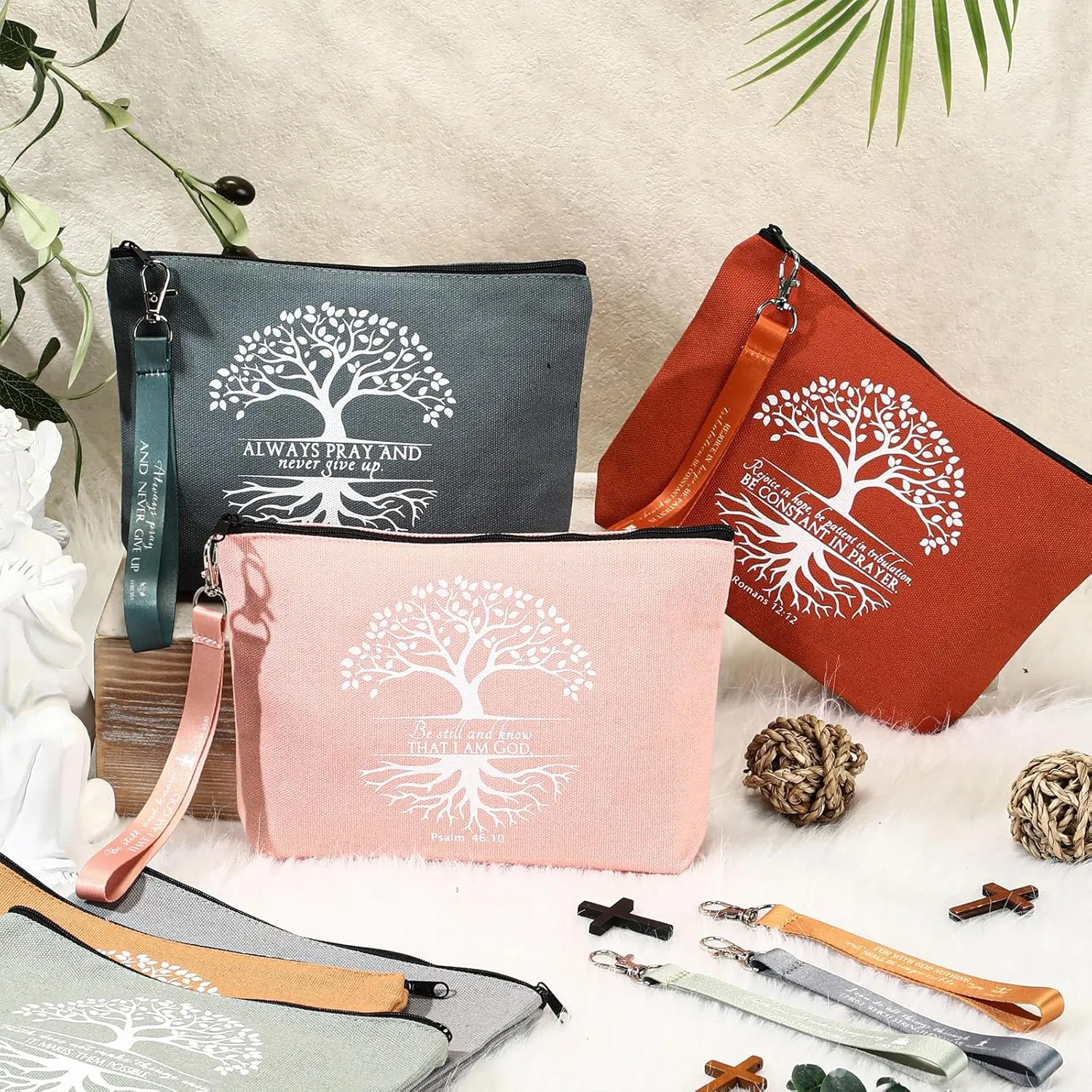 12 Pcs Cna Week Christian Gift Bulk Religious Makeup Bag Bible Verse Lanyard Keychain for Women Men Church Nurse(Bright Colors,Tree of Life)