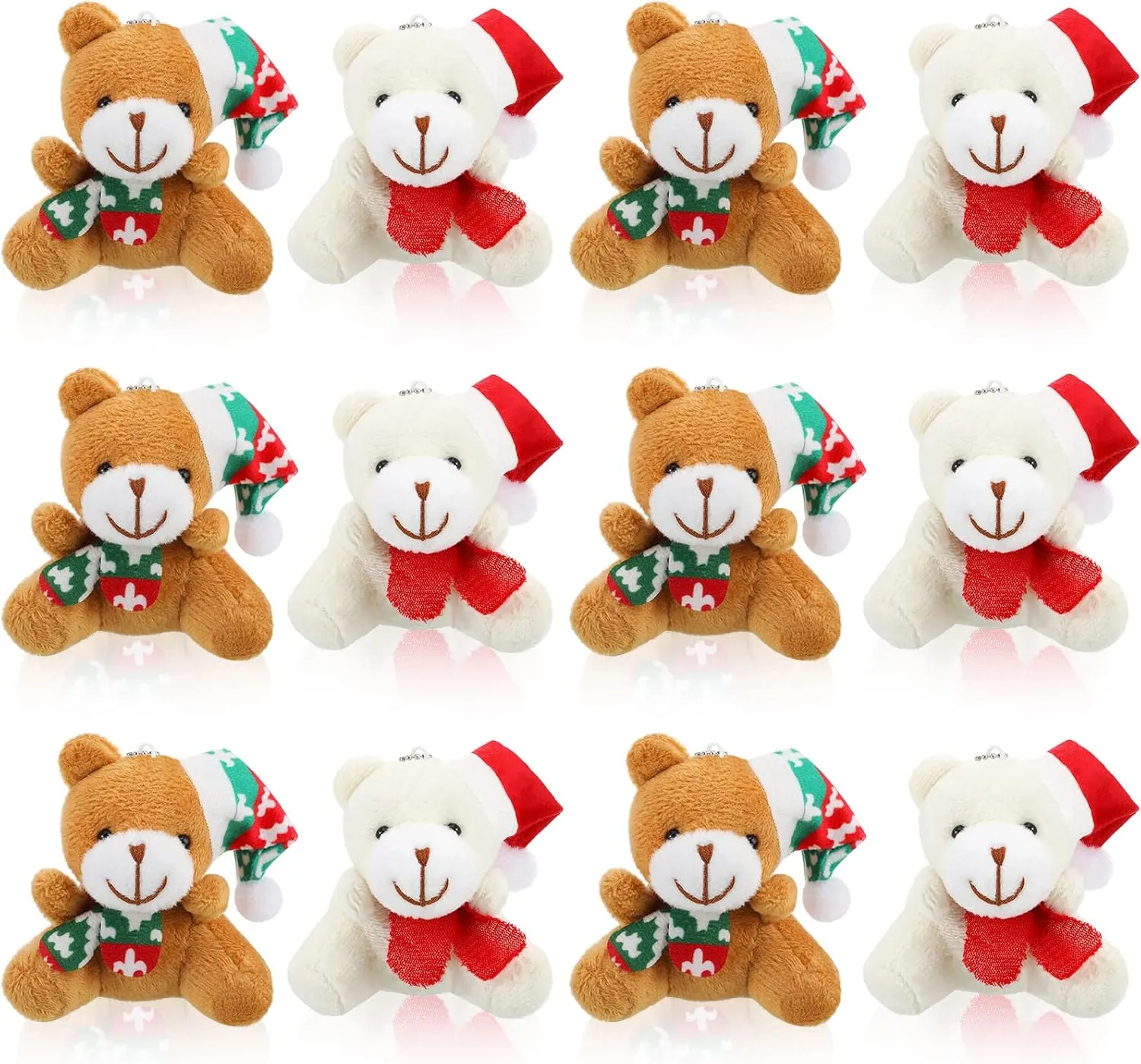 12 Pieces Christmas Mini Bear Bulk 3.15 Inch Soft Plush Stuffed Animal Toy Xmas Tree Cute Ornaments Plush Bear Keychain Gift for Birthday Present Box Wedding Party Favors Award Decor(Simple Style)