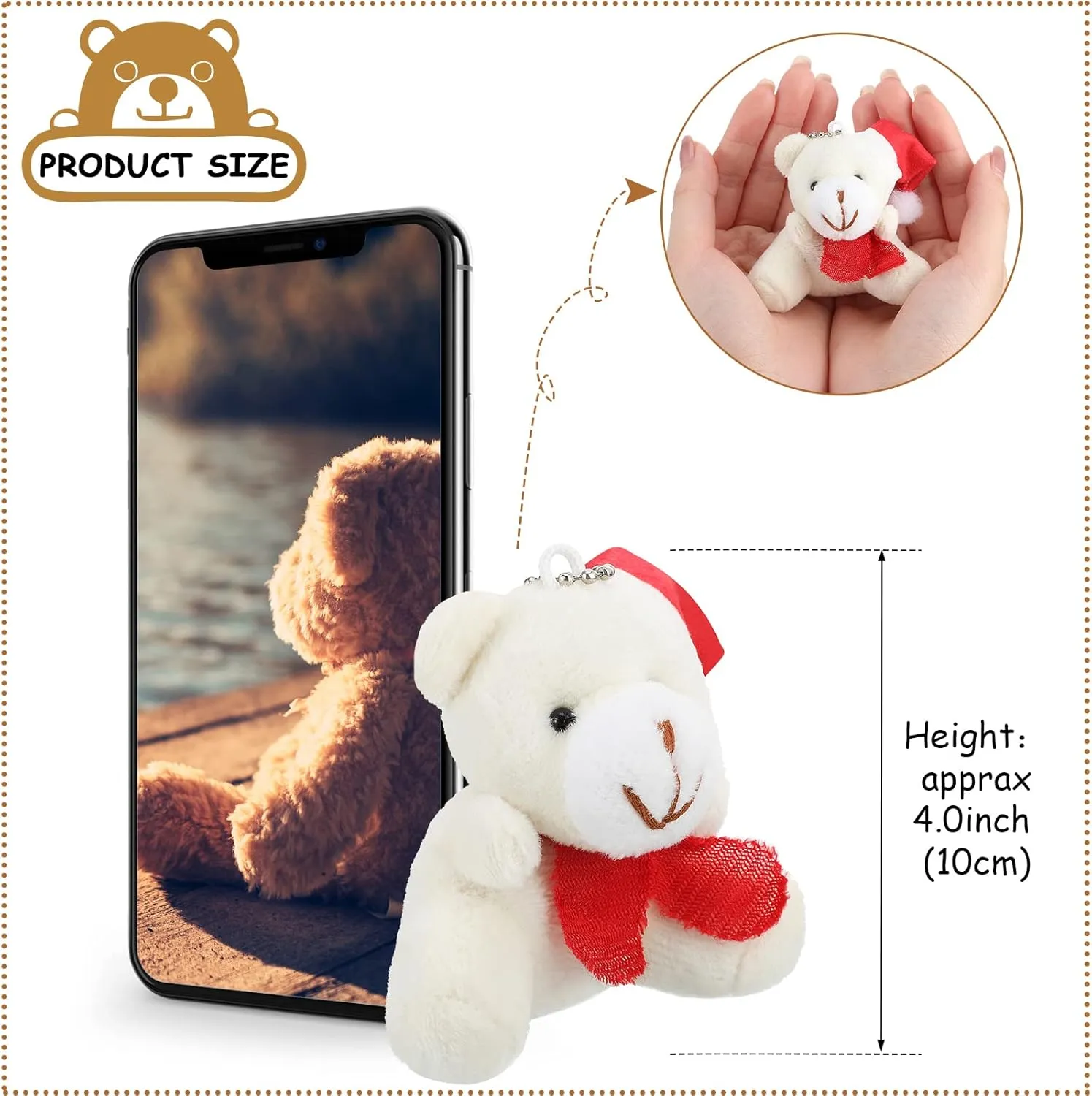 12 Pieces Christmas Mini Bear Bulk 3.15 Inch Soft Plush Stuffed Animal Toy Xmas Tree Cute Ornaments Plush Bear Keychain Gift for Birthday Present Box Wedding Party Favors Award Decor(Simple Style)