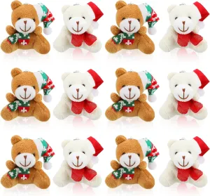 12 Pieces Christmas Mini Bear Bulk 3.15 Inch Soft Plush Stuffed Animal Toy Xmas Tree Cute Ornaments Plush Bear Keychain Gift for Birthday Present Box Wedding Party Favors Award Decor(Simple Style)