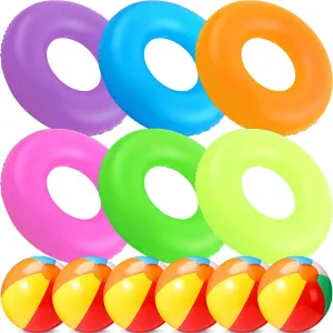 12 Sets Beach Floats, Including 6 Pcs Inflatable Pool Tube for Adults Swimming Rings 6 Pcs 12'' Beach Inflatable Balls for Vacation Decorations Summer Activity Party(4 Colors, 35 Inch)