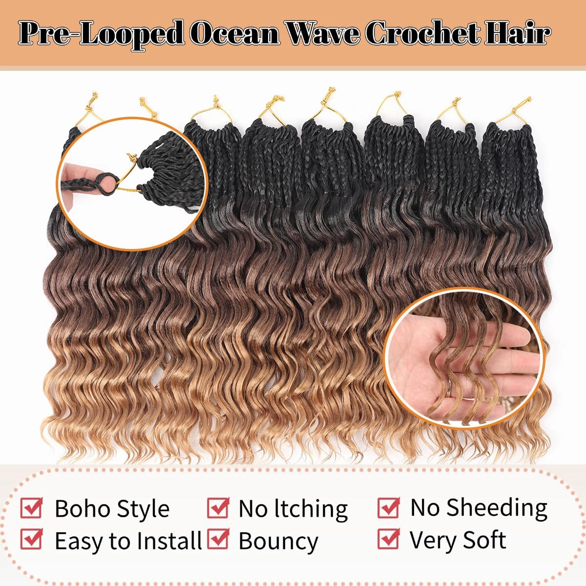 12 Inch Ocean Wave Crochet Hair 8 Packs - Synthetic Pre-Looped Deep Wavy Curly Braiding Hair for Black Women, Boho Style Hair Extensions (12inch,1B/30/27-8 Packs)