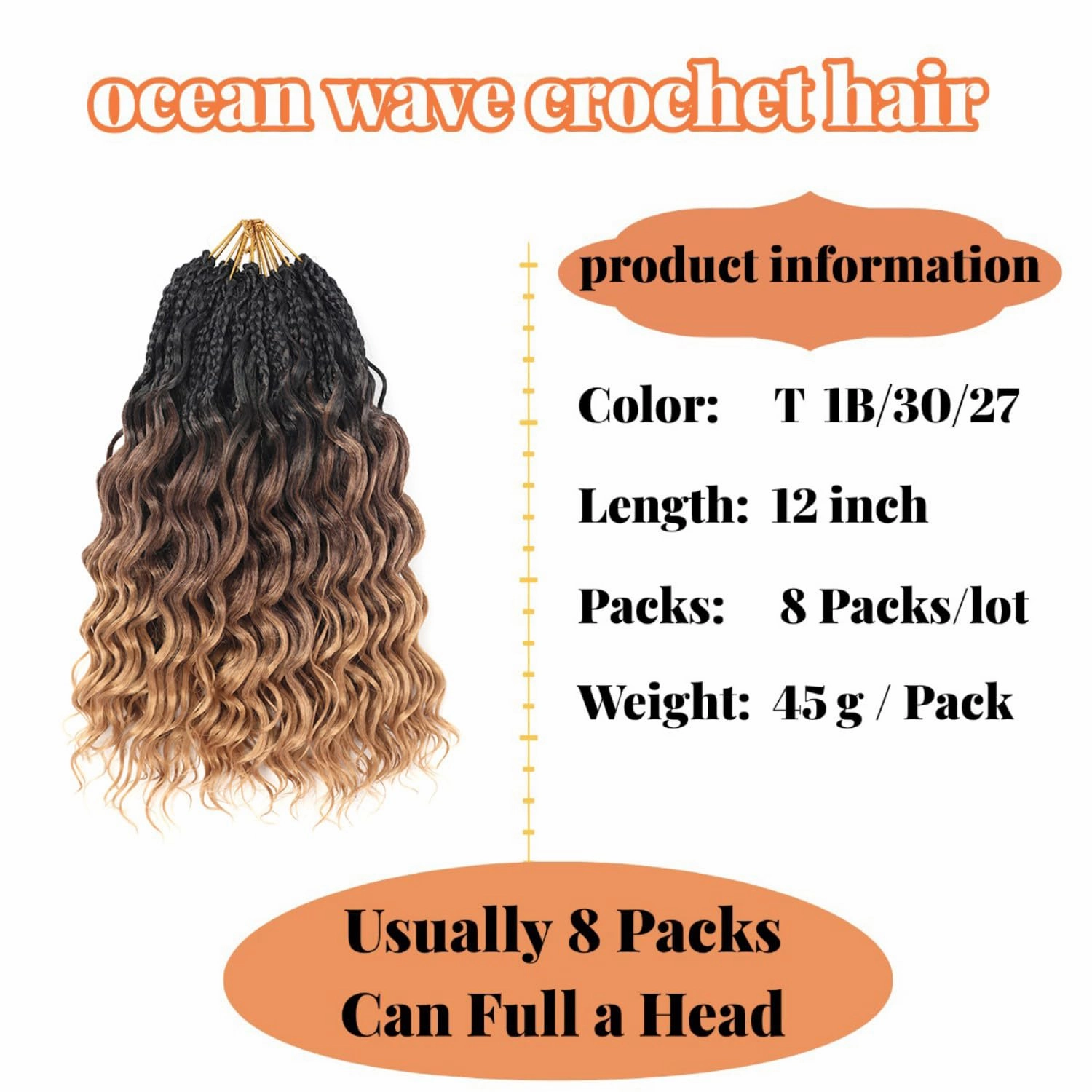 12 Inch Ocean Wave Crochet Hair 8 Packs - Synthetic Pre-Looped Deep Wavy Curly Braiding Hair for Black Women, Boho Style Hair Extensions (12inch,1B/30/27-8 Packs)