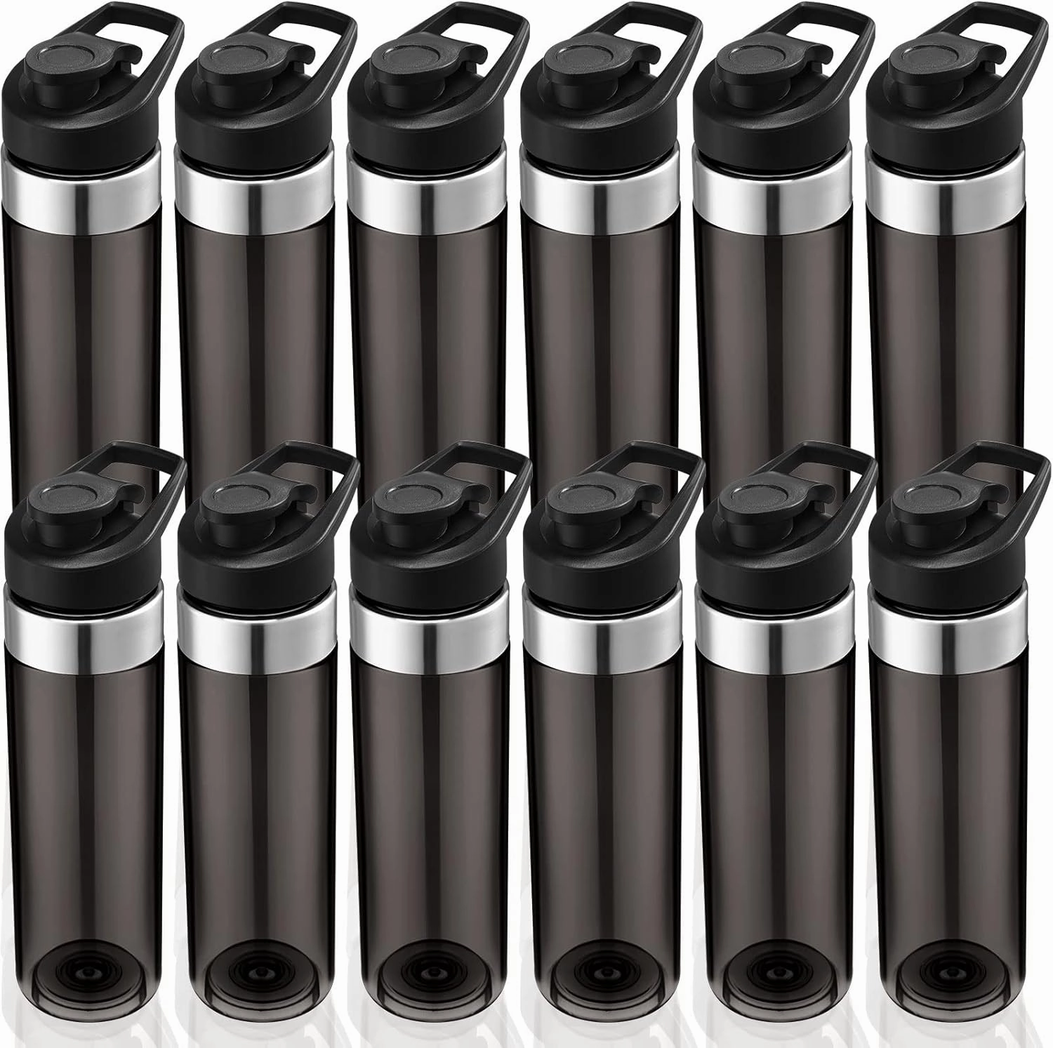 12 Pack Plastic Sports Water Bottles Bulk 20 oz Reusable Water Bottles Without BPA Lightweight Leak Proof with Handle Set for Adult School Teams, No Straw(Gray)