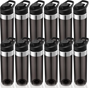 12 Pack Plastic Sports Water Bottles Bulk 20 oz Reusable Water Bottles Without BPA Lightweight Leak Proof with Handle Set for Adult School Teams, No Straw(Gray)