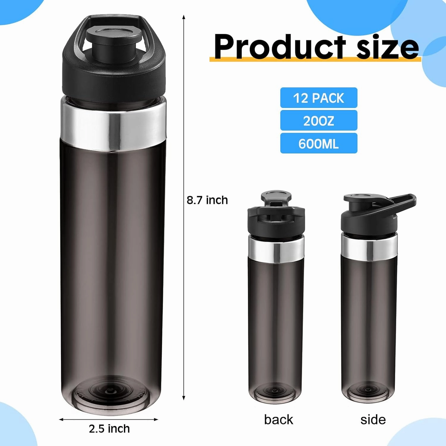12 Pack Plastic Sports Water Bottles Bulk 20 oz Reusable Water Bottles Without BPA Lightweight Leak Proof with Handle Set for Adult School Teams, No Straw(Gray)