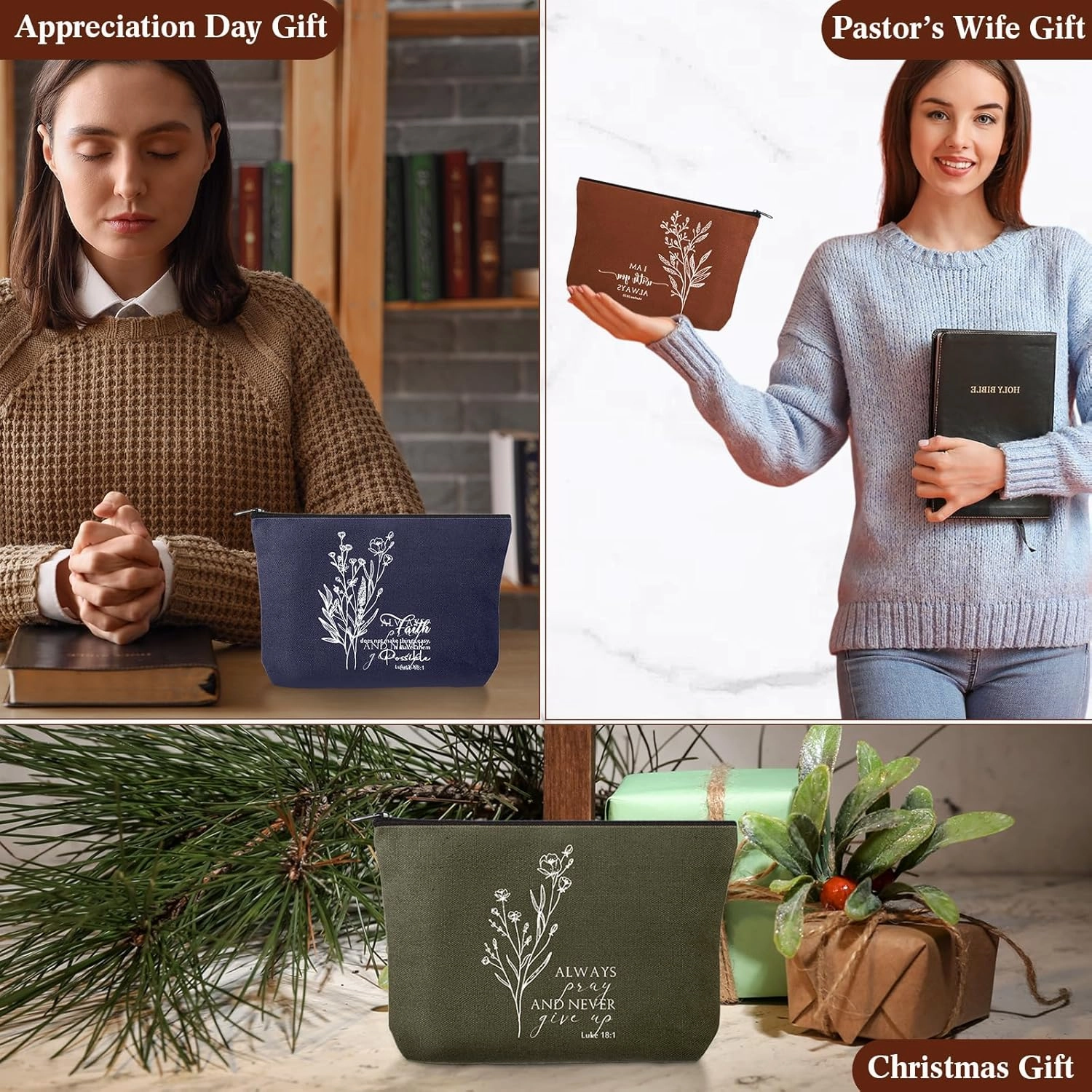 12 Pcs Cna Week Christian Gift Bulk Religious Makeup Bag Bible Verse Lanyard Keychain for Women Men Church Nurse(Neutral Colors,Aesthetic)