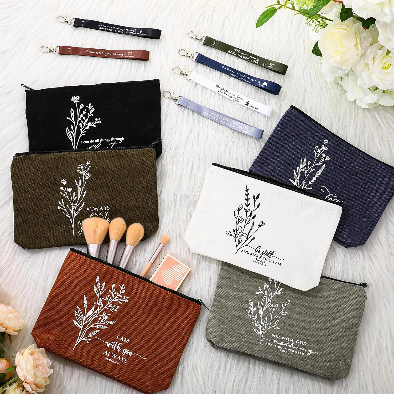 12 Pcs Cna Week Christian Gift Bulk Religious Makeup Bag Bible Verse Lanyard Keychain for Women Men Church Nurse(Neutral Colors,Aesthetic)