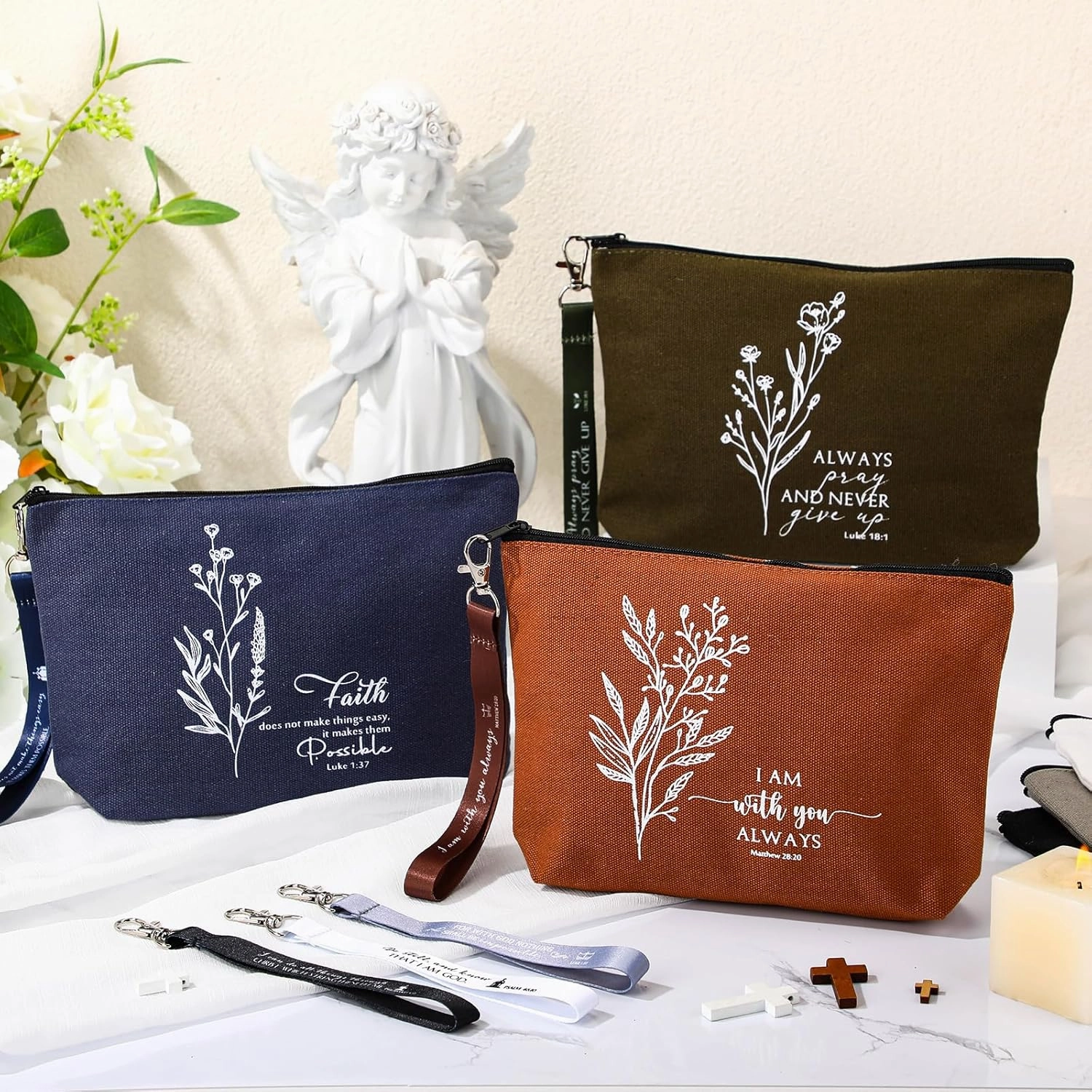 12 Pcs Cna Week Christian Gift Bulk Religious Makeup Bag Bible Verse Lanyard Keychain for Women Men Church Nurse(Neutral Colors,Aesthetic)