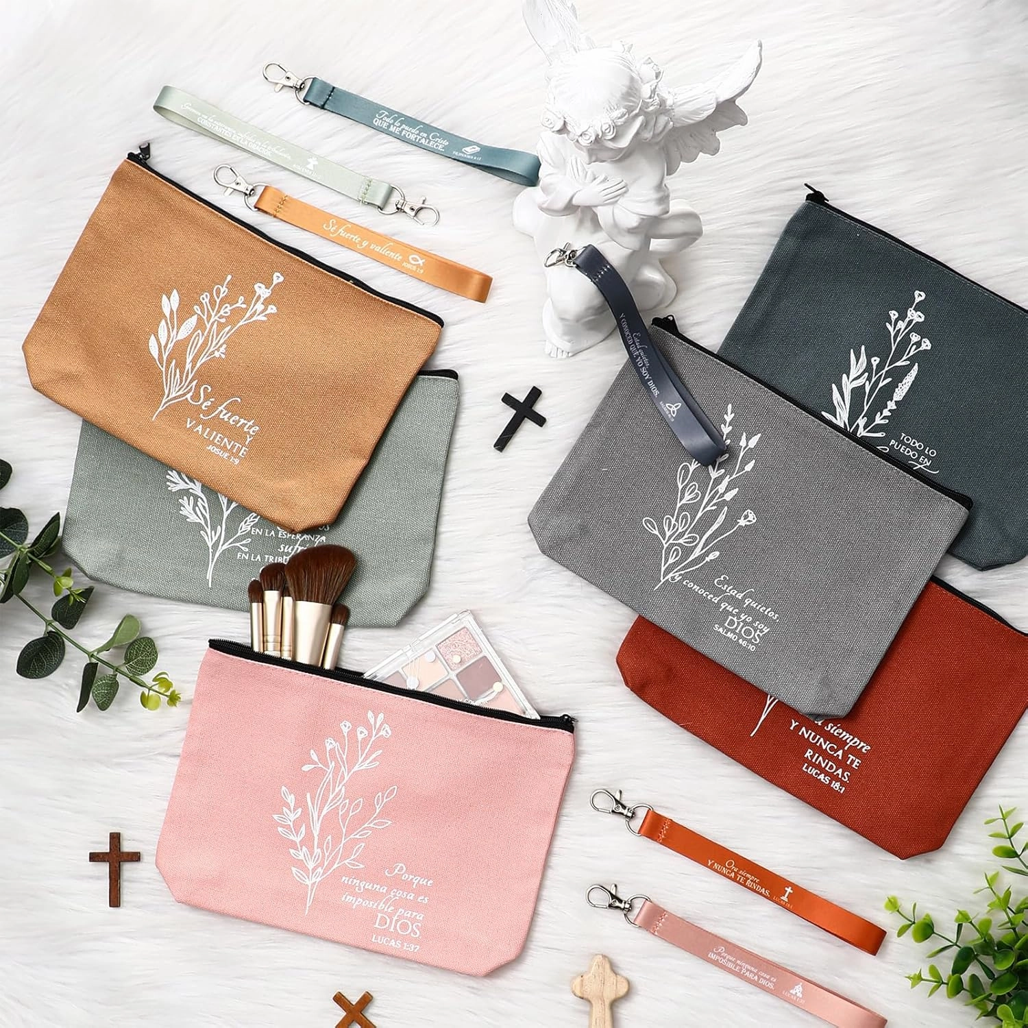 12 Pcs Fathers Day Christian Gift Bulk Religious Makeup Bag Bible Verse Lanyard Keychain for Women Men Church Nurse(Bright Colors,Spanish Boho)