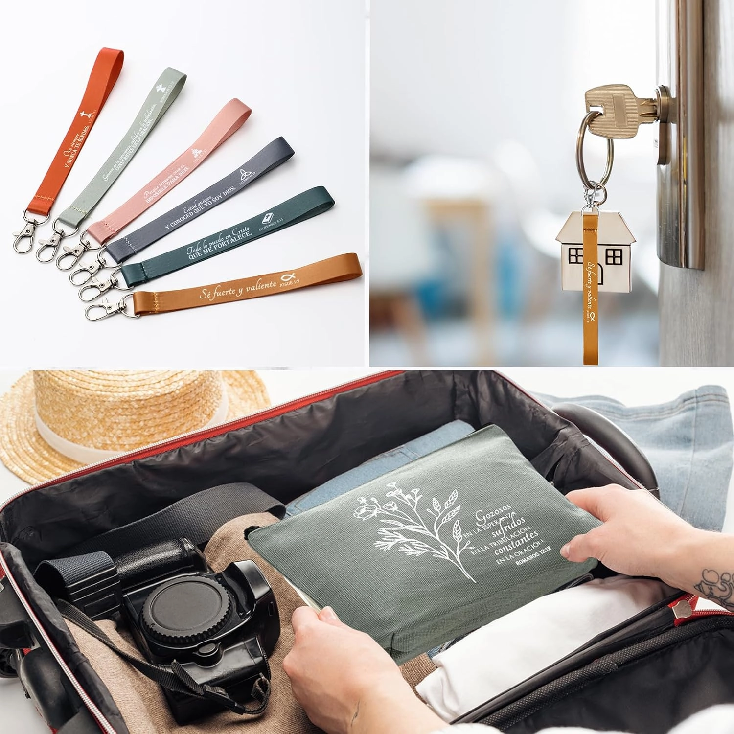 12 Pcs Fathers Day Christian Gift Bulk Religious Makeup Bag Bible Verse Lanyard Keychain for Women Men Church Nurse(Bright Colors,Spanish Boho)