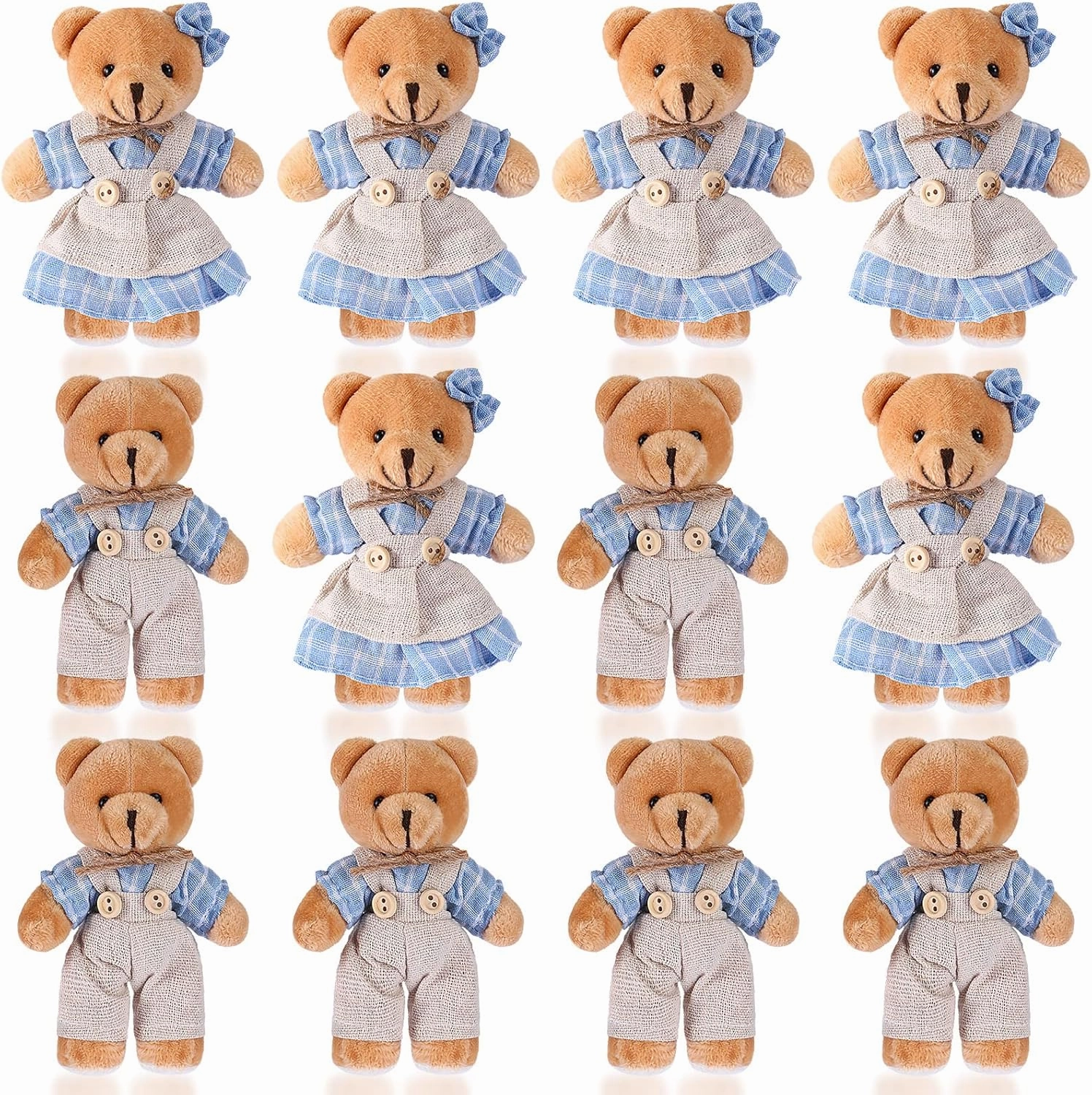 12 Pieces Mini Bear Stuffed Animals, Mini Couple Plush Bear with Burlap Clothes Little Animal Toys for Birthday Wedding Decorations Christmas Party Favors Supplies(Cute Style,Blue, White)