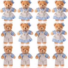 12 Pieces Mini Bear Stuffed Animals, Mini Couple Plush Bear with Burlap Clothes Little Animal Toys for Birthday Wedding Decorations Christmas Party Favors Supplies(Cute Style,Blue, White)
