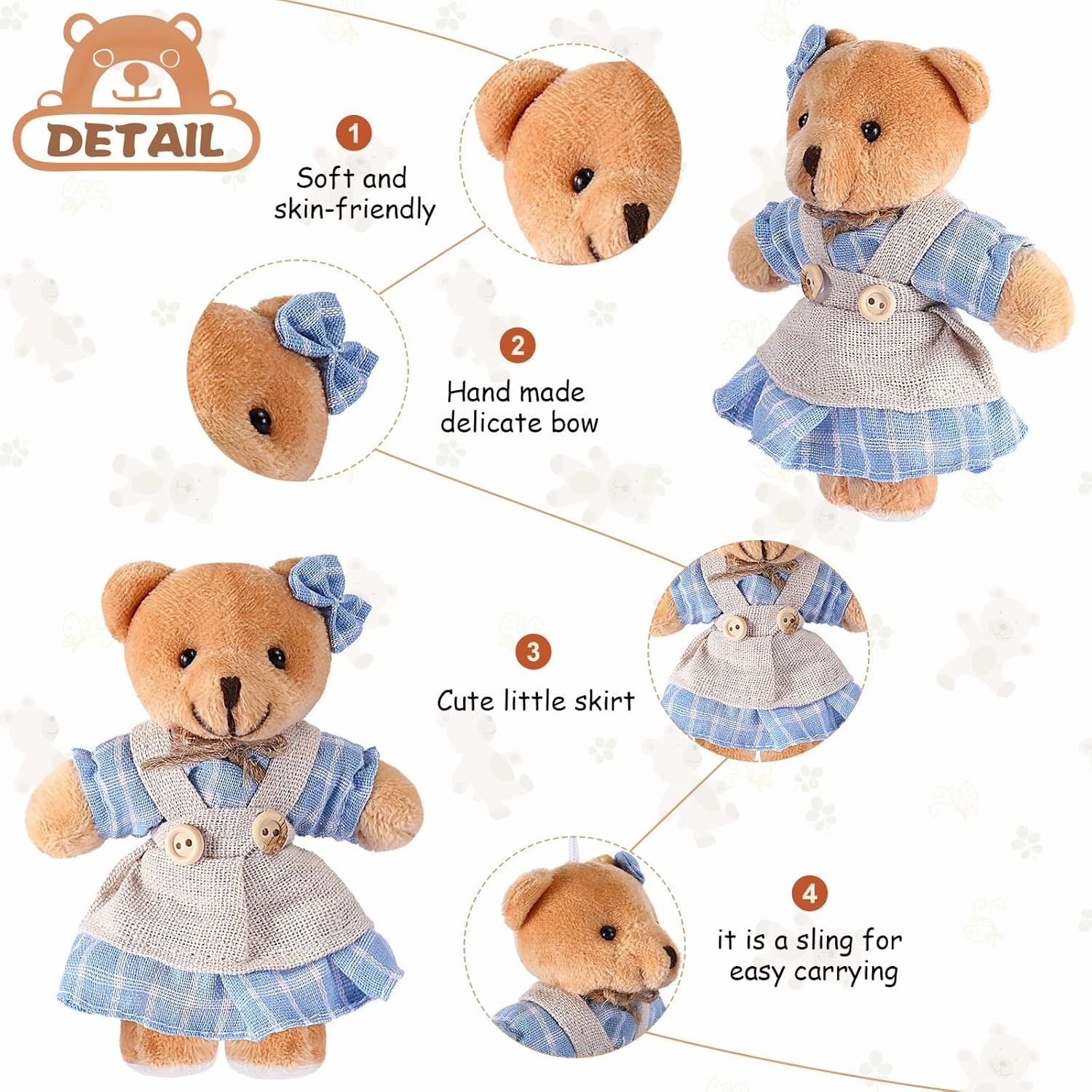 12 Pieces Mini Bear Stuffed Animals, Mini Couple Plush Bear with Burlap Clothes Little Animal Toys for Birthday Wedding Decorations Christmas Party Favors Supplies(Cute Style,Blue, White)