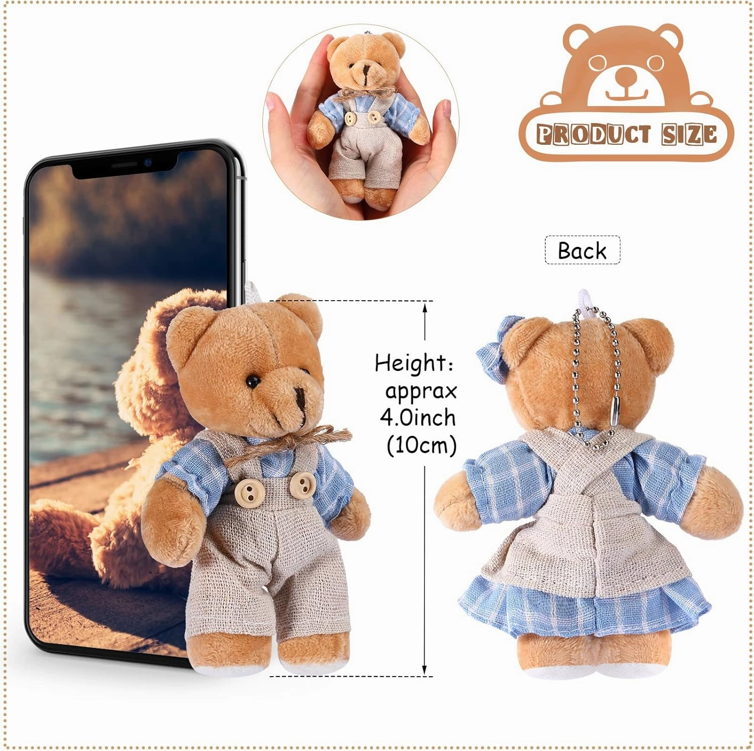 12 Pieces Mini Bear Stuffed Animals, Mini Couple Plush Bear with Burlap Clothes Little Animal Toys for Birthday Wedding Decorations Christmas Party Favors Supplies(Cute Style,Blue, White)