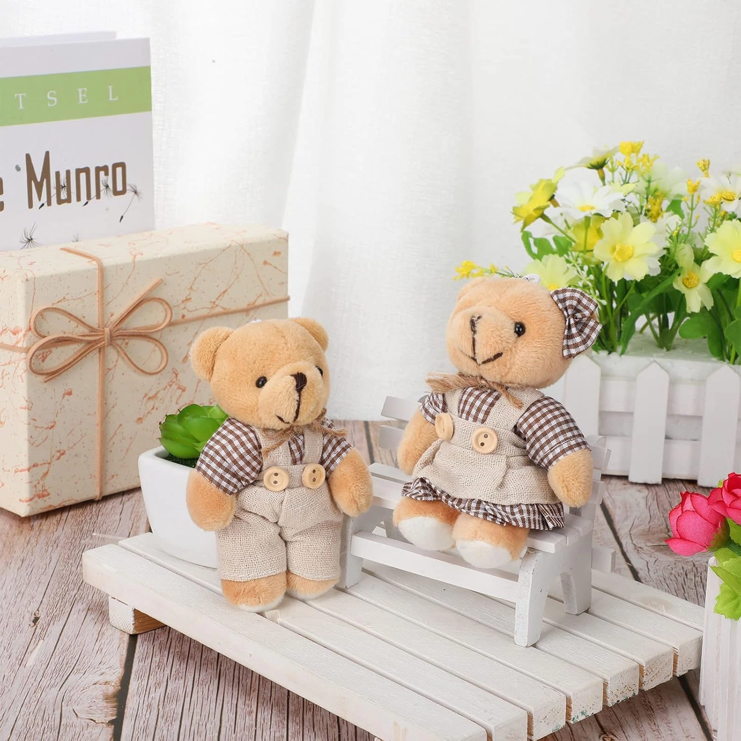 12 Pieces Mini Bear Stuffed Animals, Mini Couple Plush Bear with Burlap Clothes Little Animal Toys for Birthday Wedding Decorations Christmas Party Favors Supplies(Plaid Style,Coffee, White)