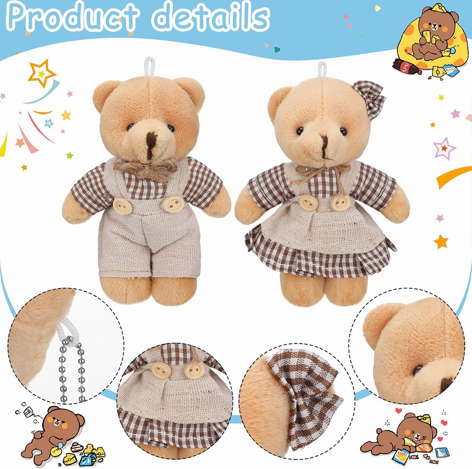 12 Pieces Mini Bear Stuffed Animals, Mini Couple Plush Bear with Burlap Clothes Little Animal Toys for Birthday Wedding Decorations Christmas Party Favors Supplies(Plaid Style,Coffee, White)