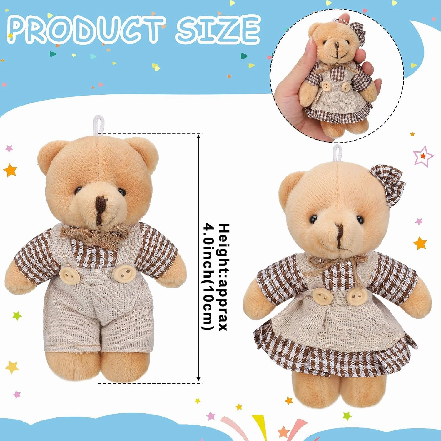 12 Pieces Mini Bear Stuffed Animals, Mini Couple Plush Bear with Burlap Clothes Little Animal Toys for Birthday Wedding Decorations Christmas Party Favors Supplies(Plaid Style,Coffee, White)