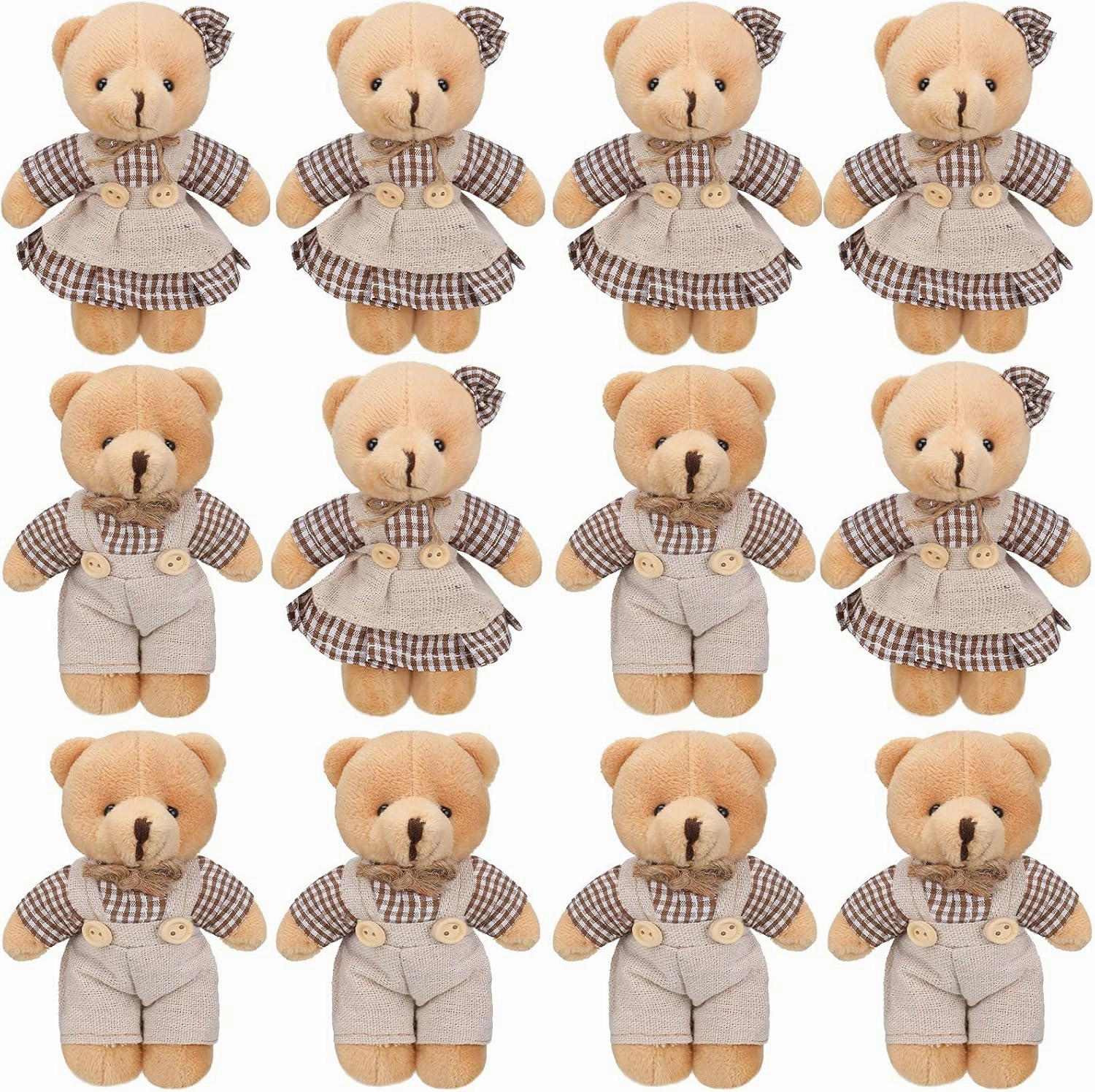 12 Pieces Mini Bear Stuffed Animals, Mini Couple Plush Bear with Burlap Clothes Little Animal Toys for Birthday Wedding Decorations Christmas Party Favors Supplies(Plaid Style,Coffee, White)