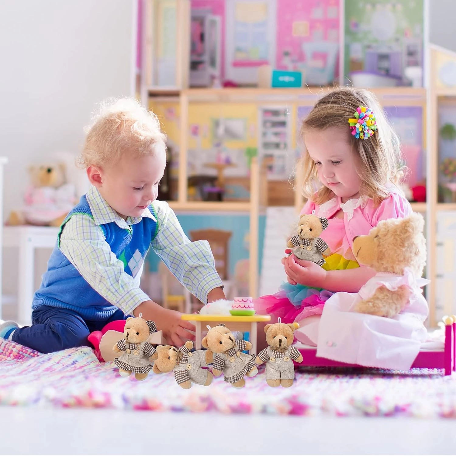 12 Pieces Mini Bear Stuffed Animals, Mini Couple Plush Bear with Burlap Clothes Little Animal Toys for Birthday Wedding Decorations Christmas Party Favors Supplies(Plaid Style,Coffee, White)