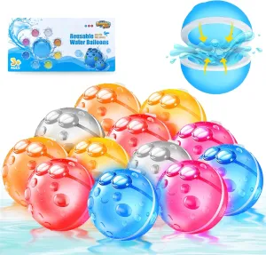 12Pcs Reusable Water Balloons, Quick Refillable Water Balloon for Kids & Adults, Self Sealing Magnetic Water Balls, Silicone Water Bombs with Mesh Bag, Splash Water Ball for Summer Outdoor Activities
