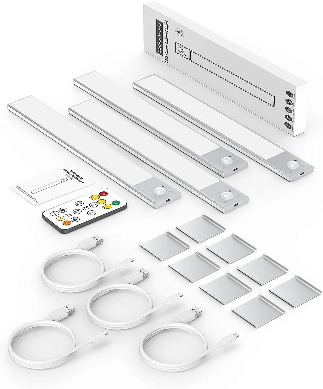 12" Ultra-Thin Under Cabinet Lighting Wireless, Aluminum Alloy Under Counter Lights for Kitchen, 3-Color-Temps Magnetic Closet Lights, Rechargeable Motion Sensor Light Indoor (4 Pack, Silver)