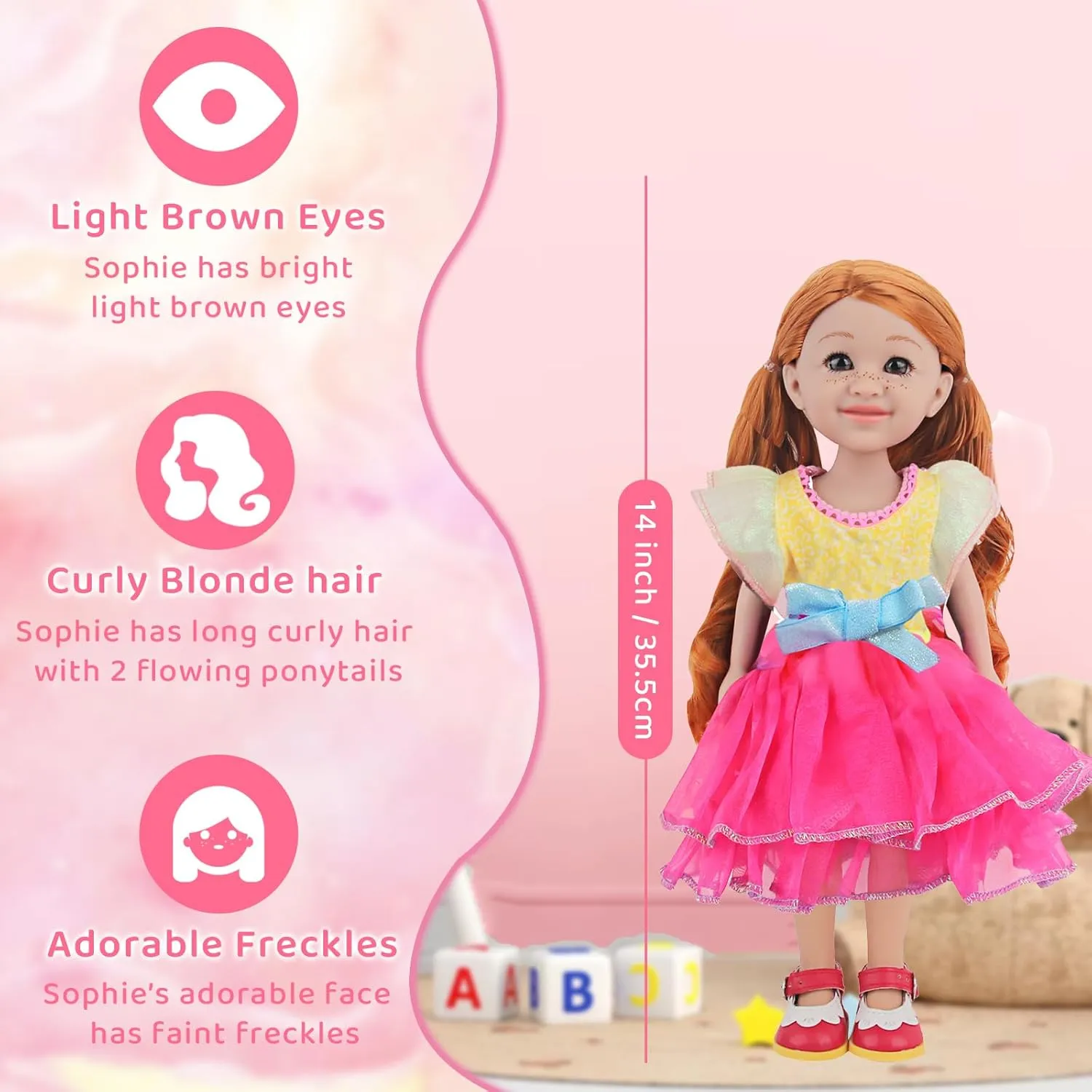 14 Inch Girl Doll - Sophie, Long Blonde Curly Hair, Pretty Light Brown Eyes, Freckles on Face, 14-Inch Fashion Girl Doll in Fluffy Dress and Red Leather Princess Shoes, Dolls for 3  Year Girls