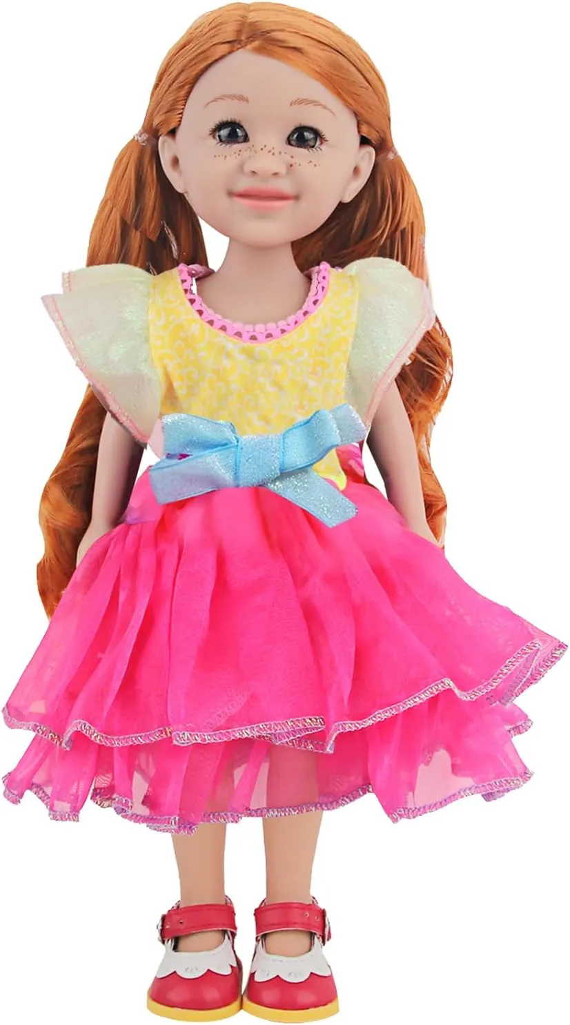 14 Inch Girl Doll - Sophie, Long Blonde Curly Hair, Pretty Light Brown Eyes, Freckles on Face, 14-Inch Fashion Girl Doll in Fluffy Dress and Red Leather Princess Shoes, Dolls for 3  Year Girls