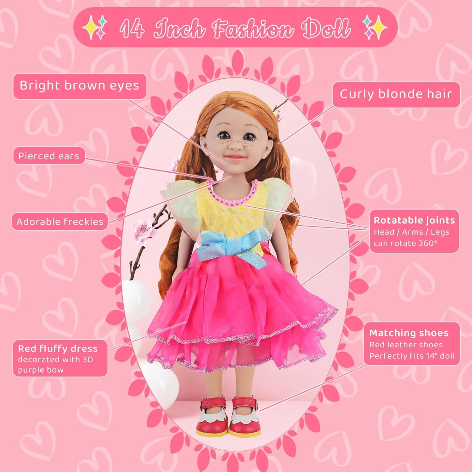 14 Inch Girl Doll - Sophie, Long Blonde Curly Hair, Pretty Light Brown Eyes, Freckles on Face, 14-Inch Fashion Girl Doll in Fluffy Dress and Red Leather Princess Shoes, Dolls for 3  Year Girls