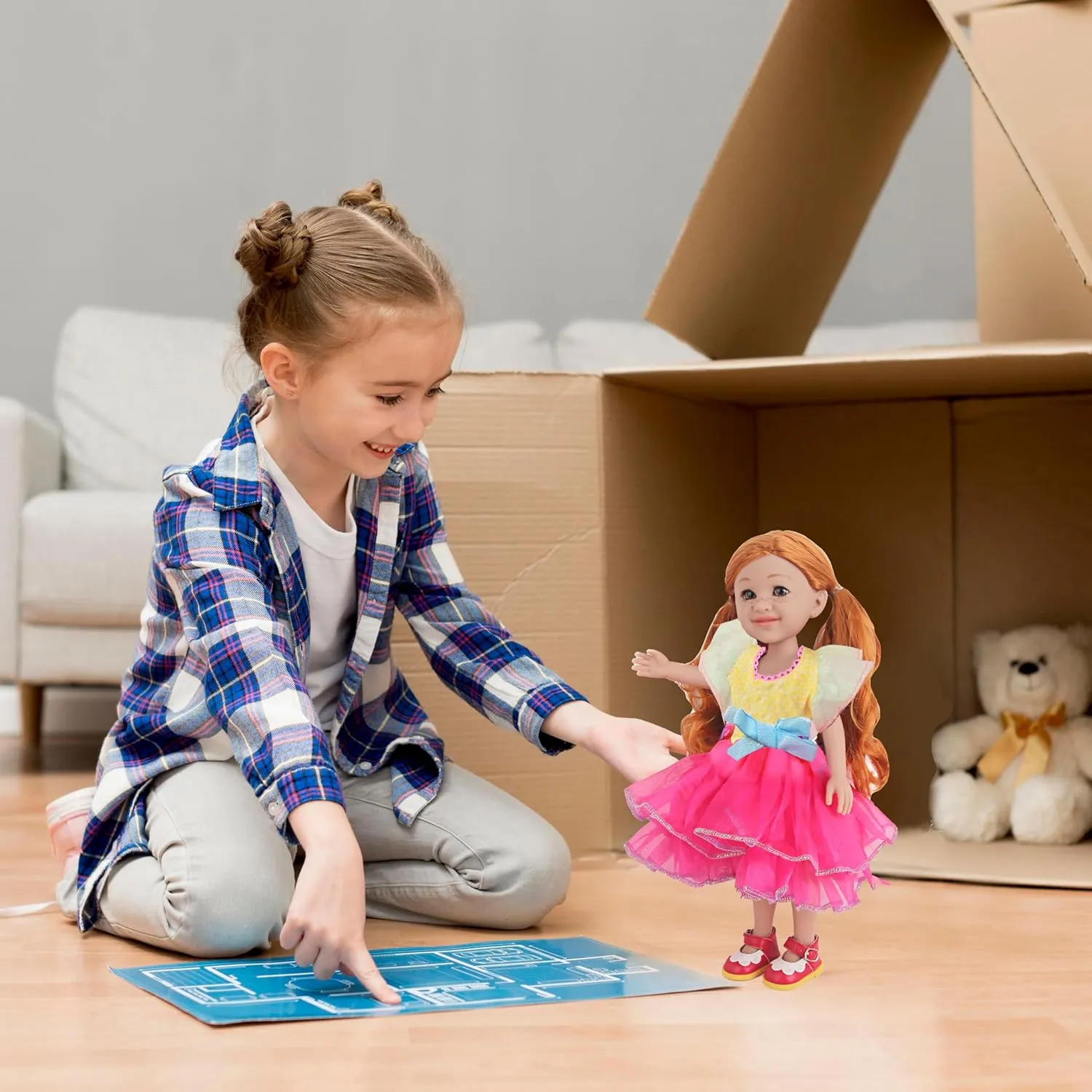 14 Inch Girl Doll - Sophie, Long Blonde Curly Hair, Pretty Light Brown Eyes, Freckles on Face, 14-Inch Fashion Girl Doll in Fluffy Dress and Red Leather Princess Shoes, Dolls for 3  Year Girls