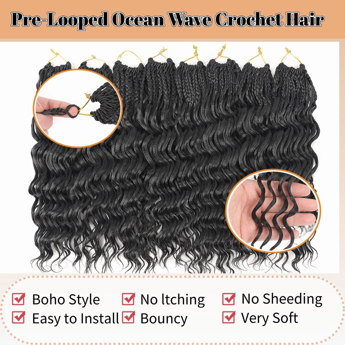 14 Inch Ocean Wave Crochet Hair 8 Packs - Synthetic Pre-Looped Deep Wavy Curly Braiding Hair for Black Women, Boho Style Hair Extensions (14inch,1B - 8 Packs)