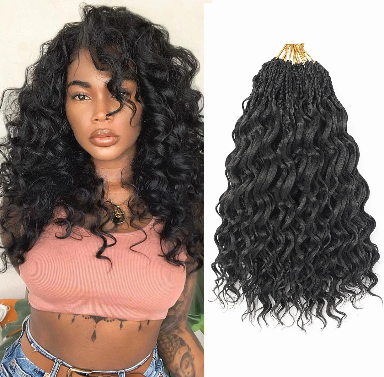 14 Inch Ocean Wave Crochet Hair 8 Packs - Synthetic Pre-Looped Deep Wavy Curly Braiding Hair for Black Women, Boho Style Hair Extensions (14inch,1B - 8 Packs)