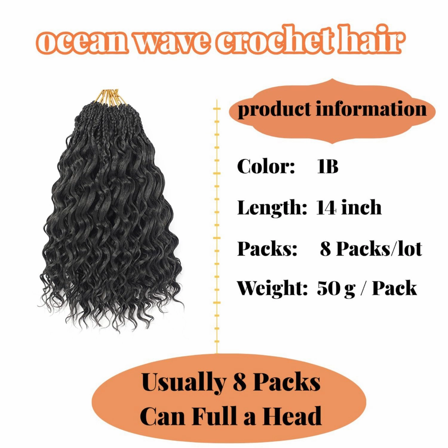 14 Inch Ocean Wave Crochet Hair 8 Packs - Synthetic Pre-Looped Deep Wavy Curly Braiding Hair for Black Women, Boho Style Hair Extensions (14inch,1B - 8 Packs)