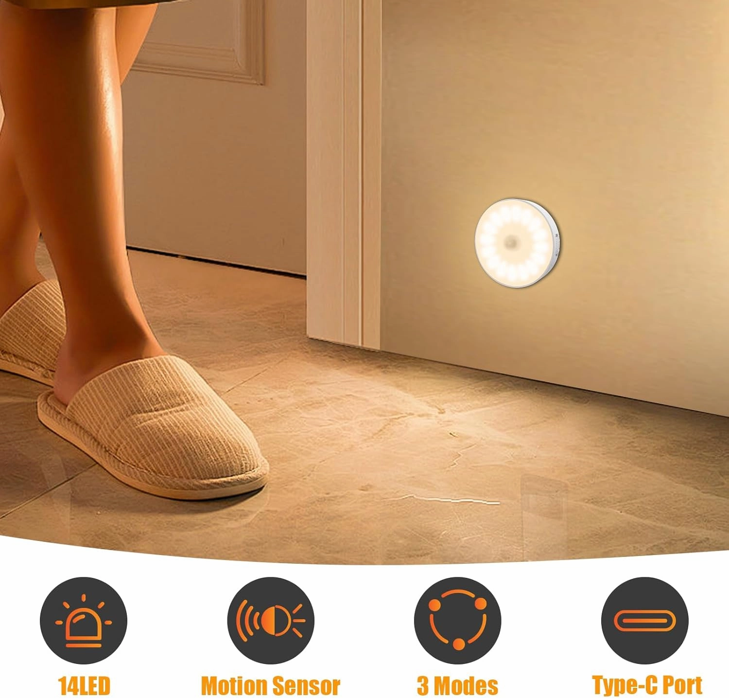 14 LEDs Motion Sensor Light Indoor, 6 Pack Upgraded Night Light USB Rechargeable, 3 Light Modes & Long Last Battery, Cordless Magnetic Nightlight for Bedroom, Closet, Hallway - Warm White
