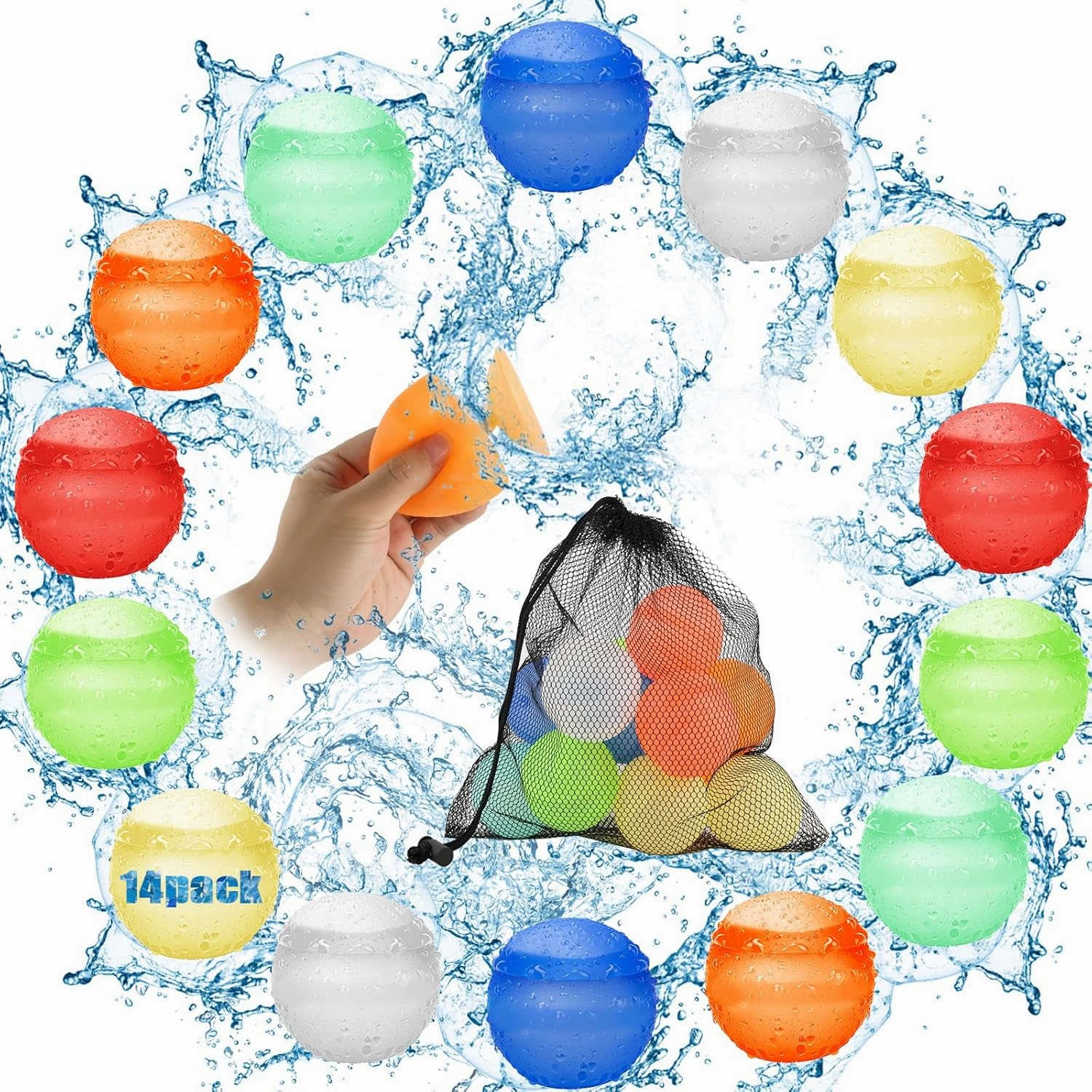 14 Pack Water Balloons Reusable For Kids, Quick Fill Fefillable Water Balloons, Reusable No Magnetic Water Balls, Summer Outdoor Water Toys,Pool Beach Toys For Kids,With Mesh Bag