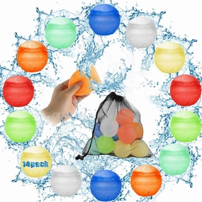 14 Pack Water Balloons Reusable For Kids, Quick Fill Fefillable Water Balloons, Reusable No Magnetic Water Balls, Summer Outdoor Water Toys,Pool Beach Toys For Kids,With Mesh Bag