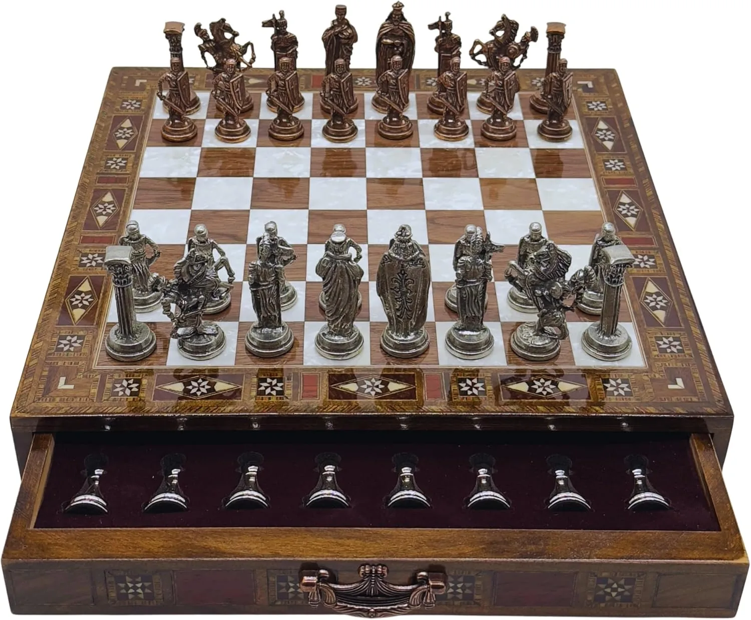 15’’ Handmade Chess Set with British Army Metal Chess Pieces, Luxury Storage Chess Board, for All Ages, Ideal for Father, (Walnut)