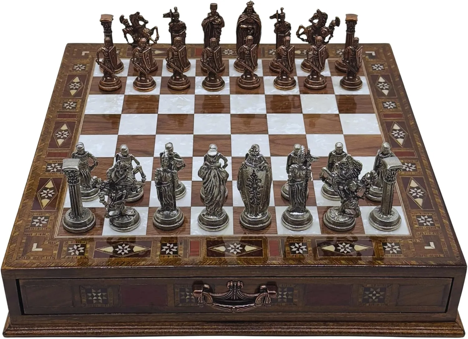 15’’ Handmade Chess Set with British Army Metal Chess Pieces, Luxury Storage Chess Board, for All Ages, Ideal for Father, (Walnut)